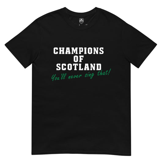 Champions of Scotland t-shirt in black, front view