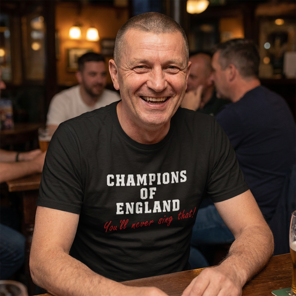 Smiling man in a pub wearing the black Champions of England t-shirt with white lettering and red script