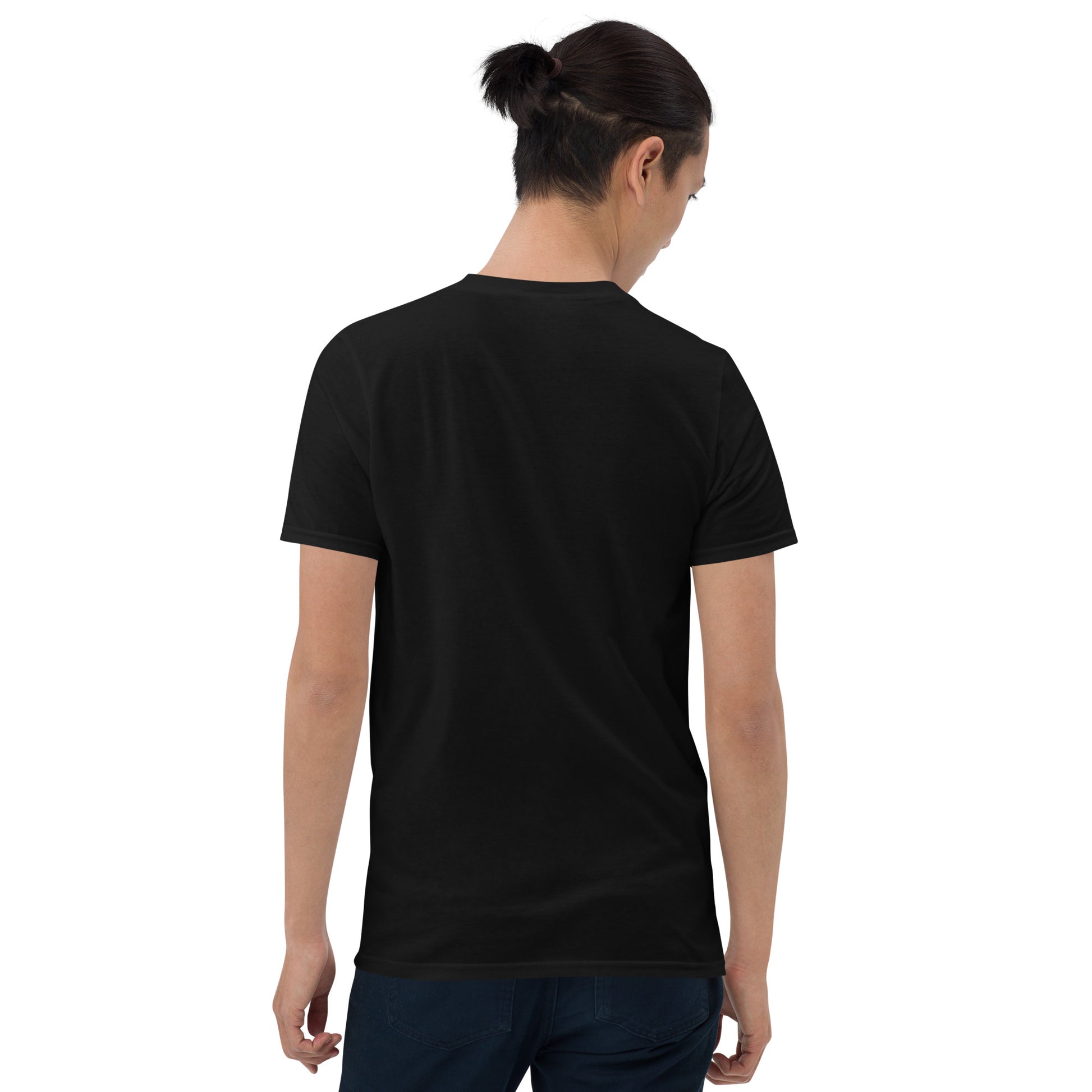 Person wearing a black t-shirt on a white background from the back with the print on the front saying were off to Tottenham your off to York