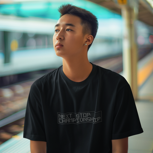Person wearing a black t-shirt with text  saying next stop : championship at a train station