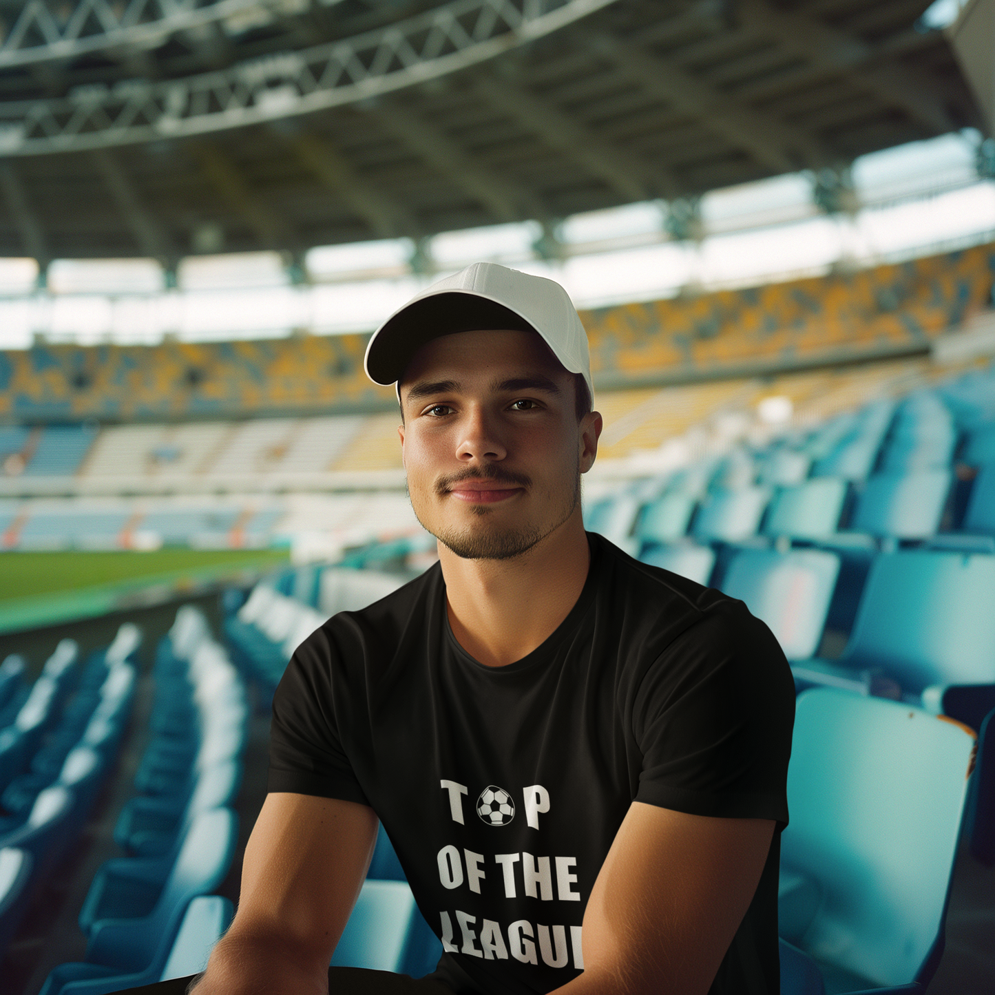 Man wearing a Black Short Sleeve T-Shirt with a round neck with text saying top of the league with a football graphic in an empty football  stadium