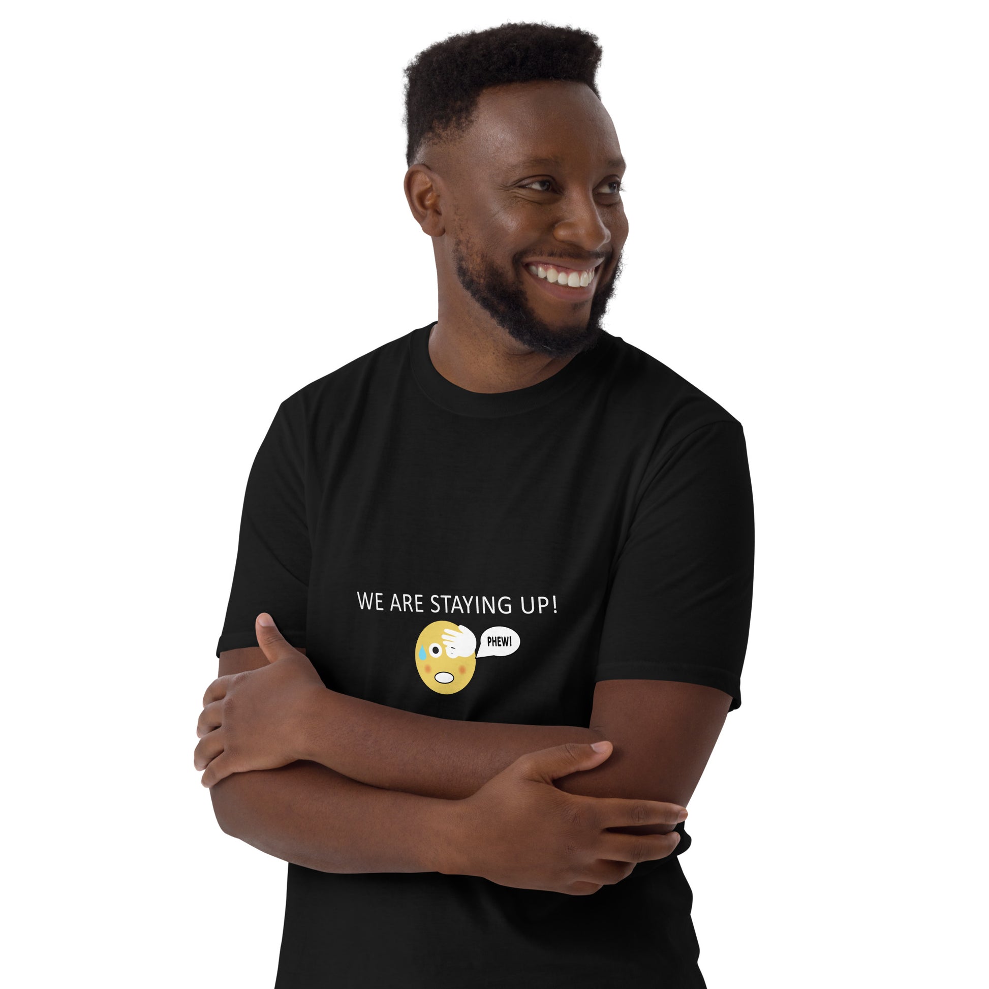 Man wearing a black short T-shirt with a round neck with with the wording we are staying up with an emoji saying phew on a white studio background