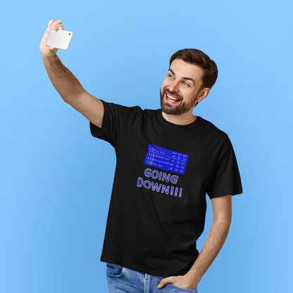 Man wearing a black short sleeve T-Shirt with text with going down with a league table, taking a selfie against a blue background