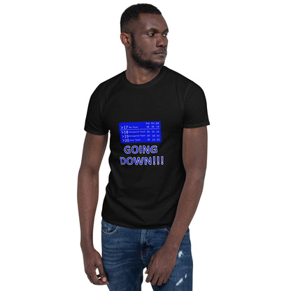 Man wearing a short sleeve black t-shirt with a graphic of a football league table and text saying going down t on a white background