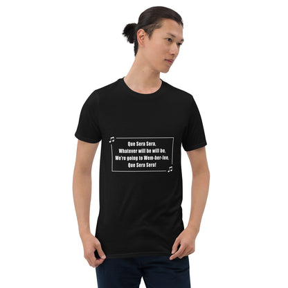 Man wearing a black short sleeve t-shirt with text with the famous football song Que Sera Sera, We're going to Wembley and music notes on a white background.