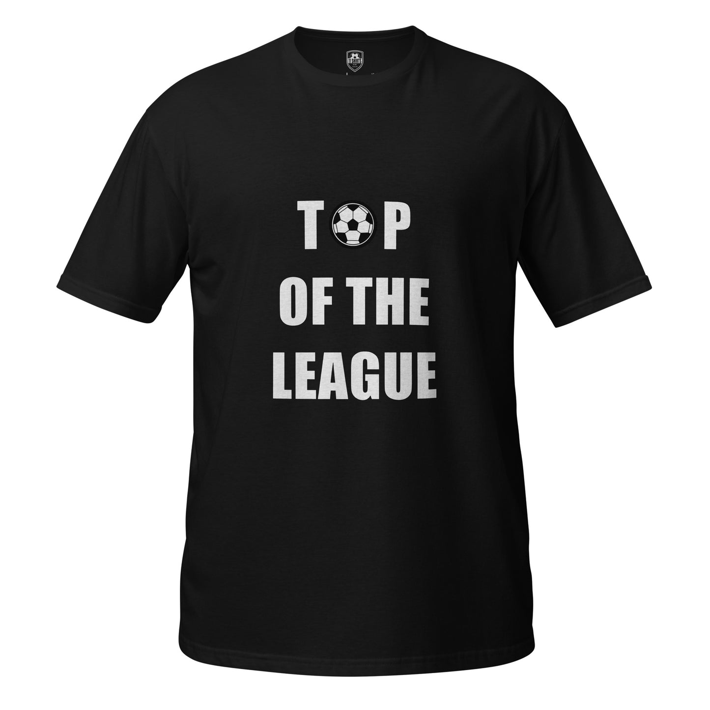 Black t-shirt with 'Top of the League' text and Football ball graphic on a white background
