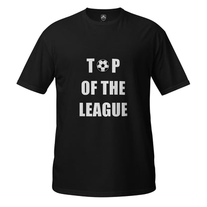 Black t-shirt with 'Top of the League' text and Football ball graphic on a white background
