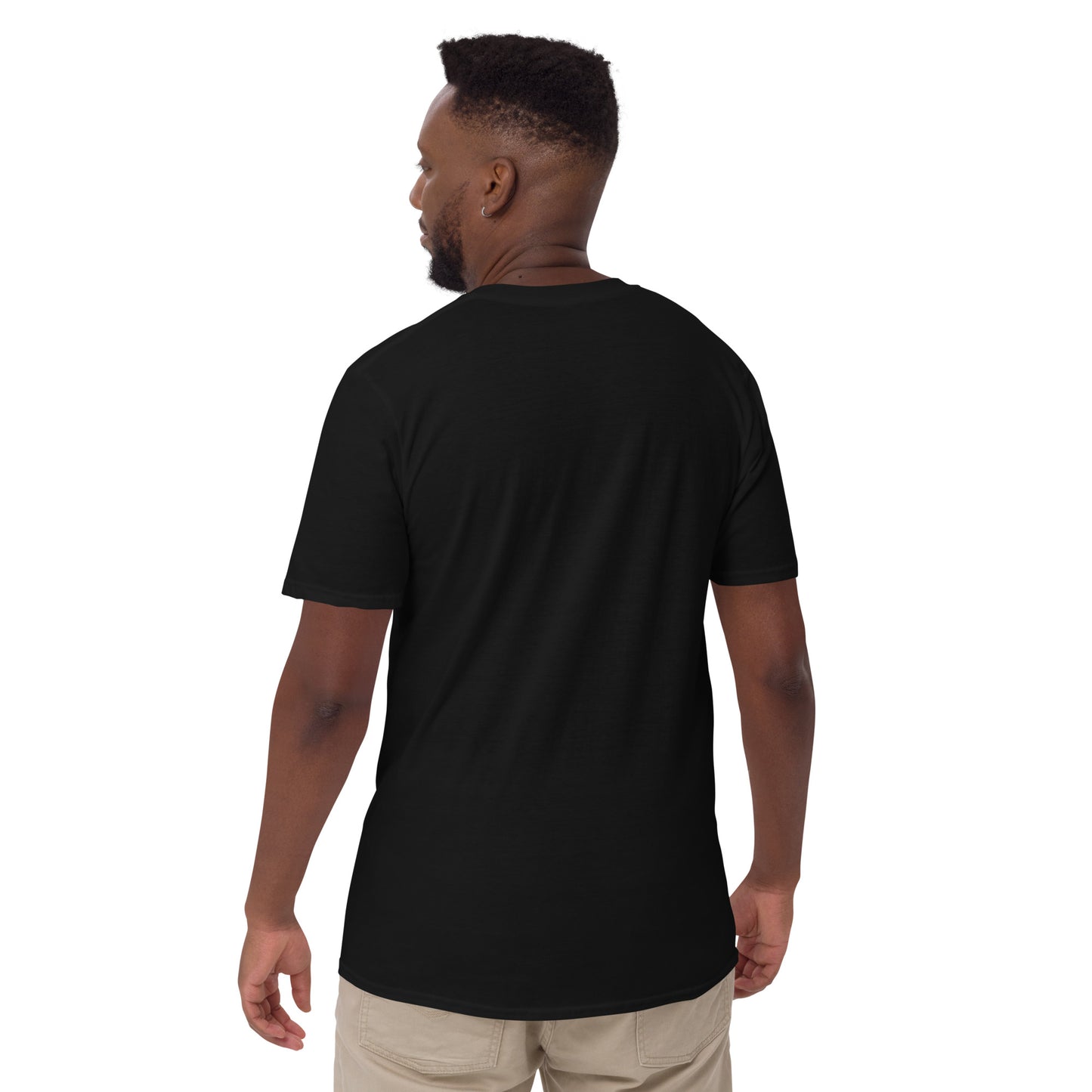 Man wearing black T-shirt shot from behind short sleeve with a round neck with a logo saying we are staying up on the front with an emoji on a white studio background