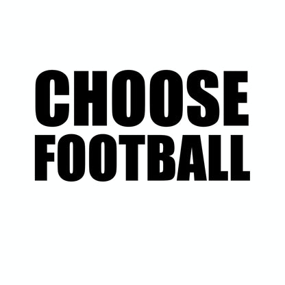 Close-up of the Choose Football slogan in black on a white t-shirt