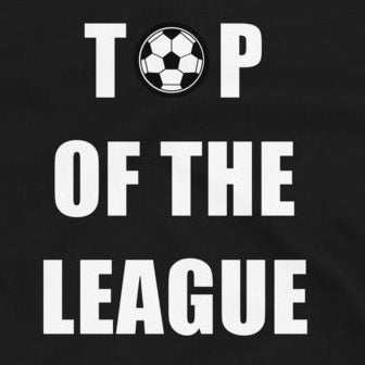 Close up image of the Top of the league slogan with a football on a black background.