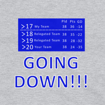  A close up of the Grey  T-shirt with blue text and graphics related to a Football league table with the words of Going down