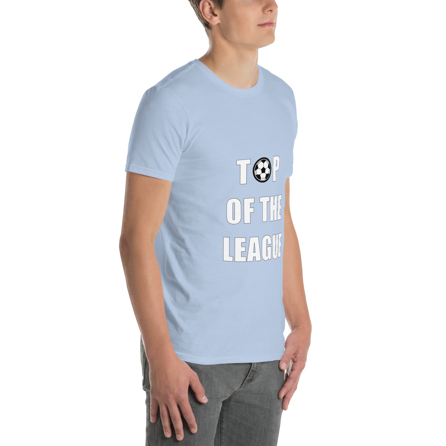 A person wearing a light/sky blue T-Shirt, short sleeve and a round neck with a top of the league text  and a football graphic.