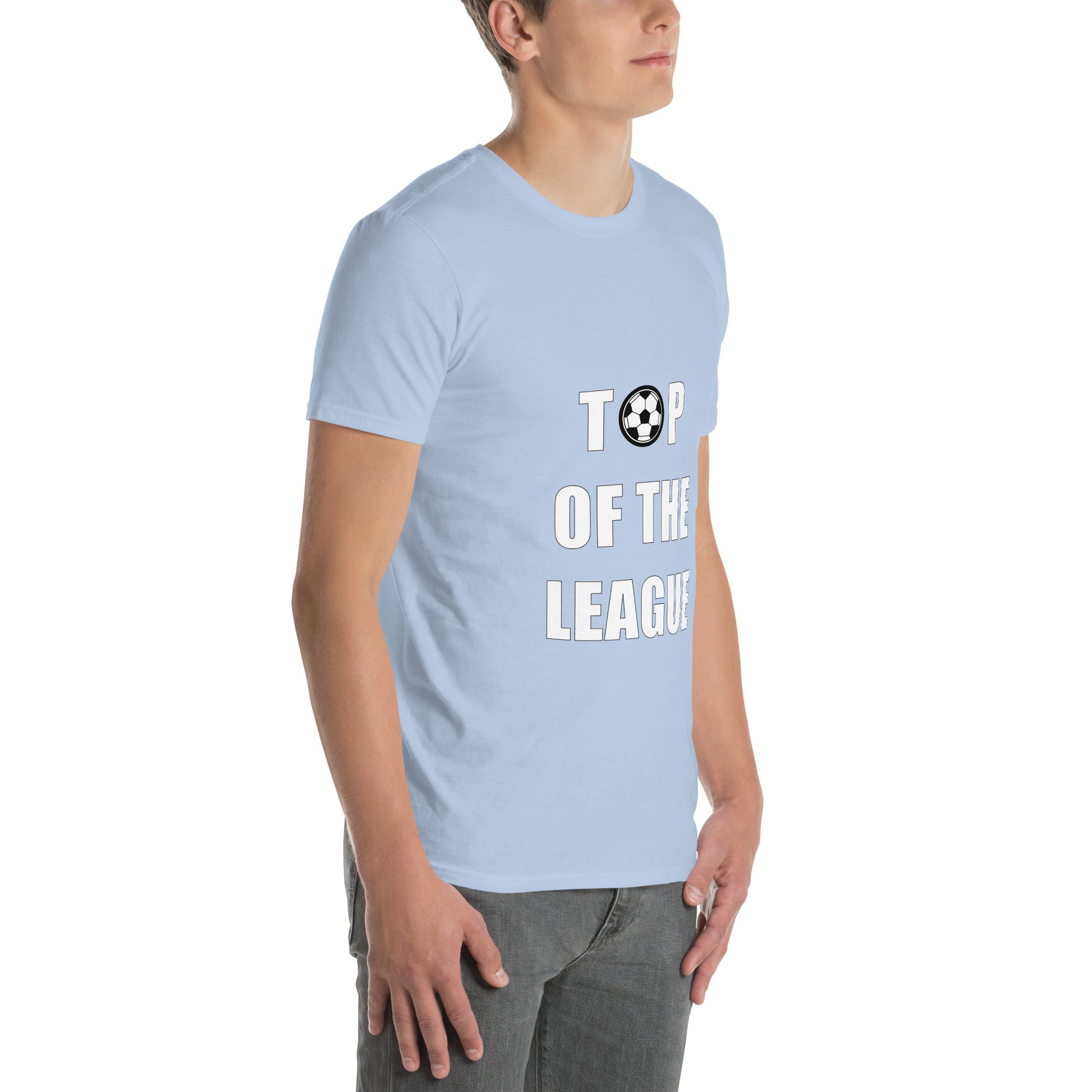A person wearing a light/sky blue T-Shirt, short sleeve and a round neck with a top of the league text  and a football graphic.