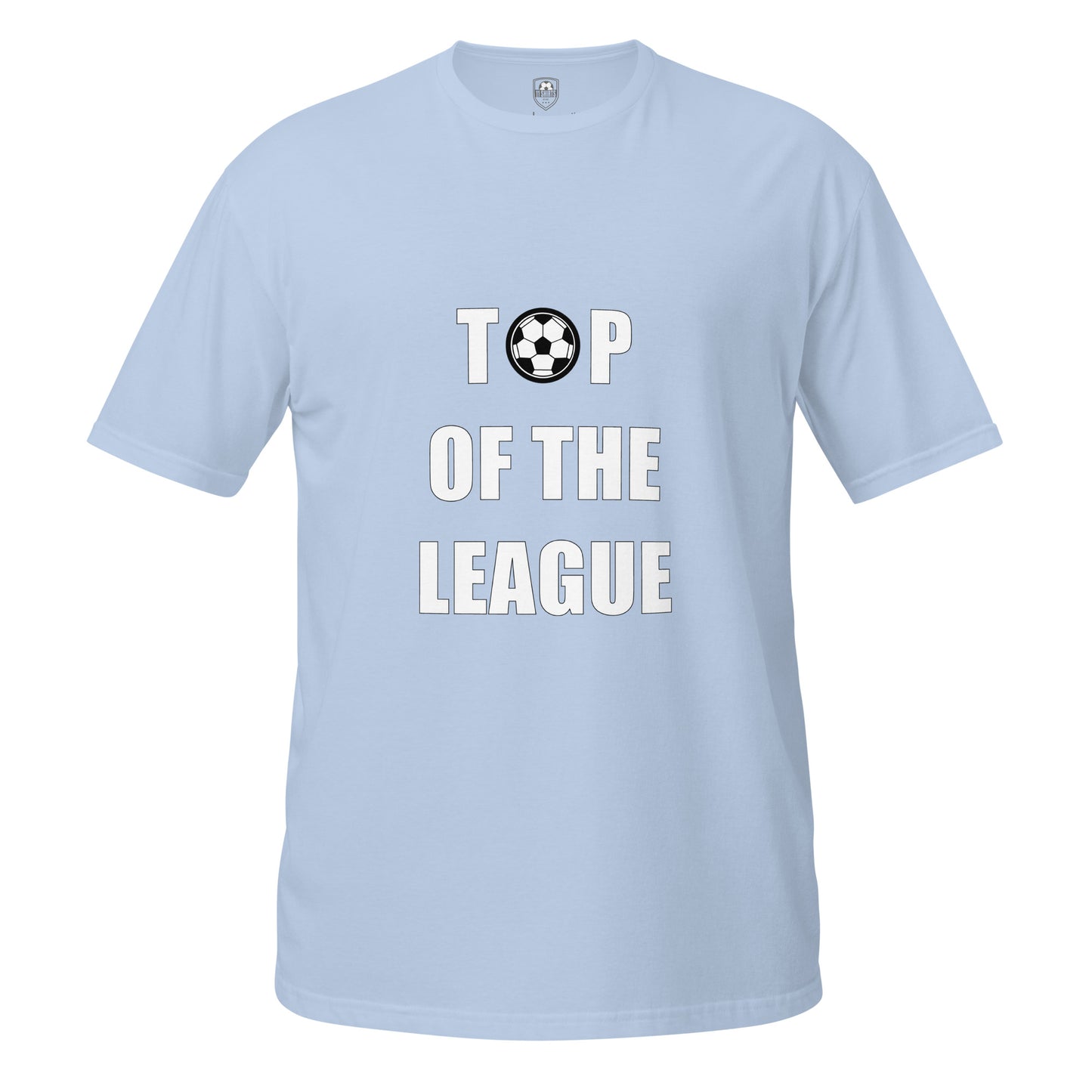 Light Blue Short Sleeve T-Shirt with a round neck saying the slogan ' Top of the league' with a football graphic against a white background