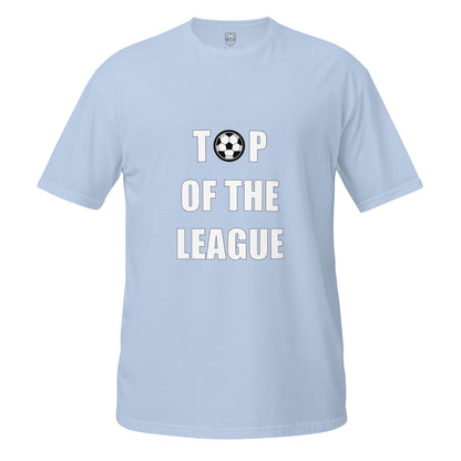 Light Blue Short Sleeve T-Shirt with a round neck saying the slogan ' Top of the league' with a football graphic against a white background
