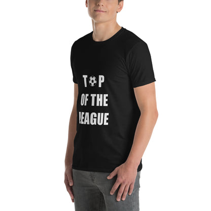 Person wearing a black short sleeve T-Shirt with 'Top of the League' text on a white background with a football graphic