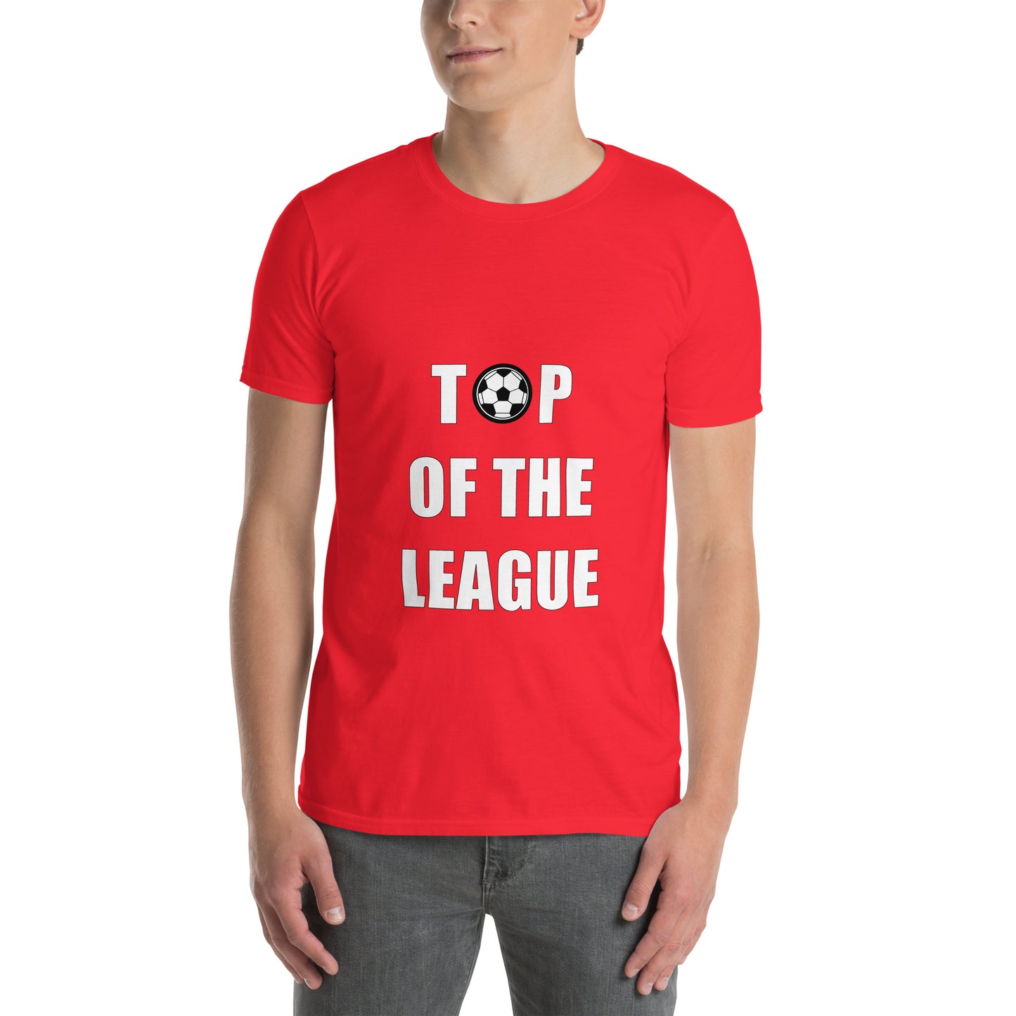 Person wearing a red Short sleeve T-Shirt with around neck with 'Top of the League' text and football graphic.