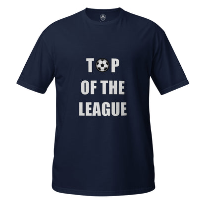 Navy T-shirt with slogan Top of the league with a football in white on a navy background of the T-shirts against a white background 