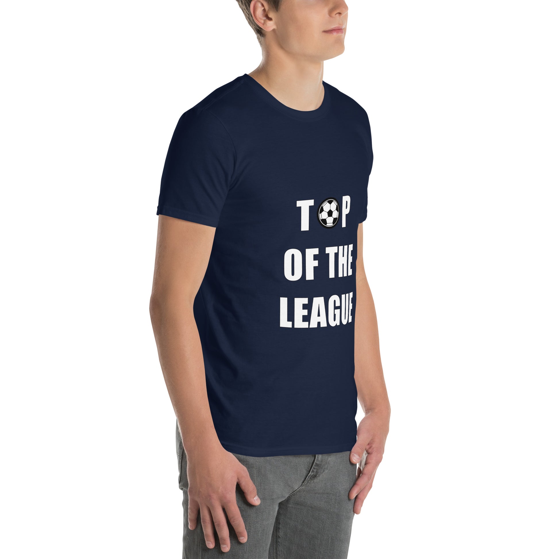 Person wearing a Navy Blue T-Shirt  short sleeve with a round neck with 'Top of the League' text with a football graphic on a white background