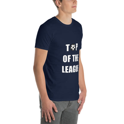 Person wearing a Navy Blue T-Shirt  short sleeve with a round neck with 'Top of the League' text with a football graphic on a white background