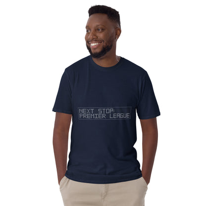 Man wearing a navy blue t-shirt with text  saying Next stop : Premier League on a white background