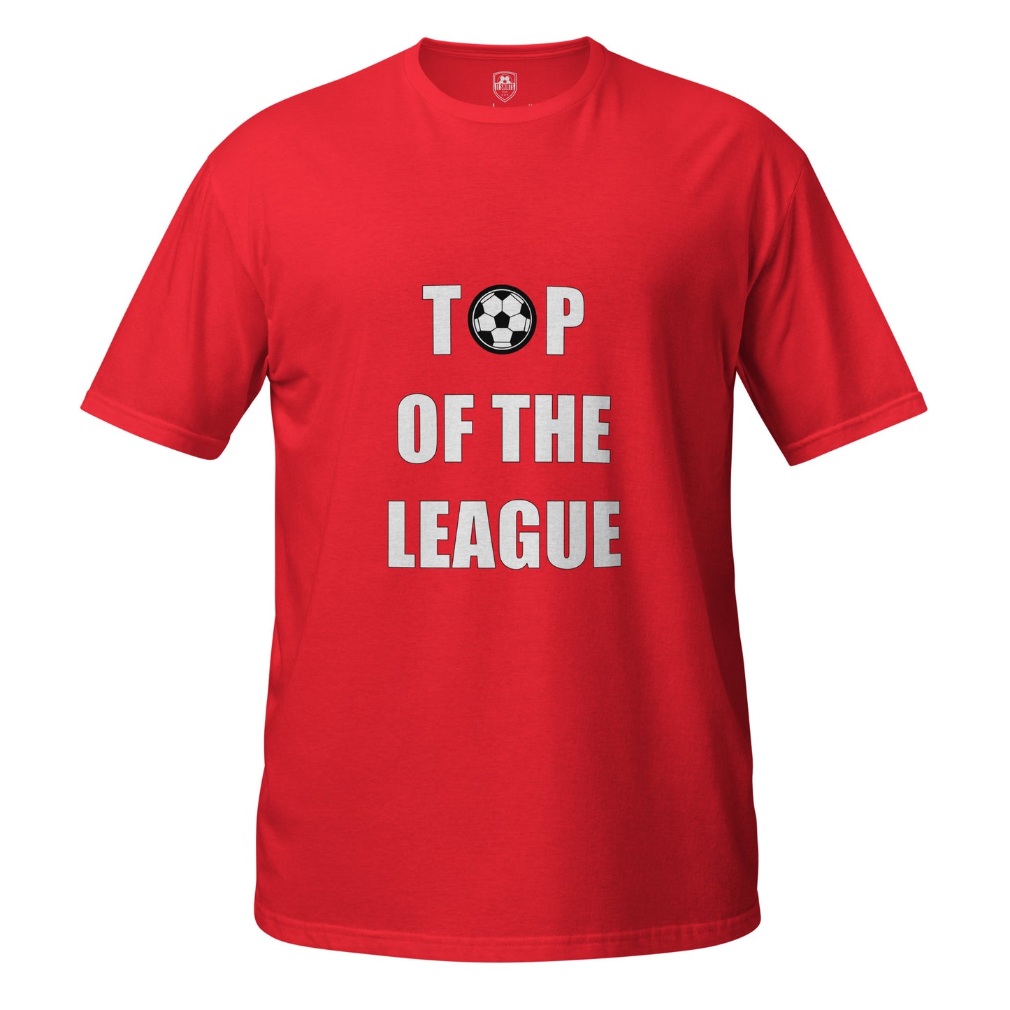 Red T-shirt with 'Top of the League' text and football ball graphic on a white background perfect for Football fans