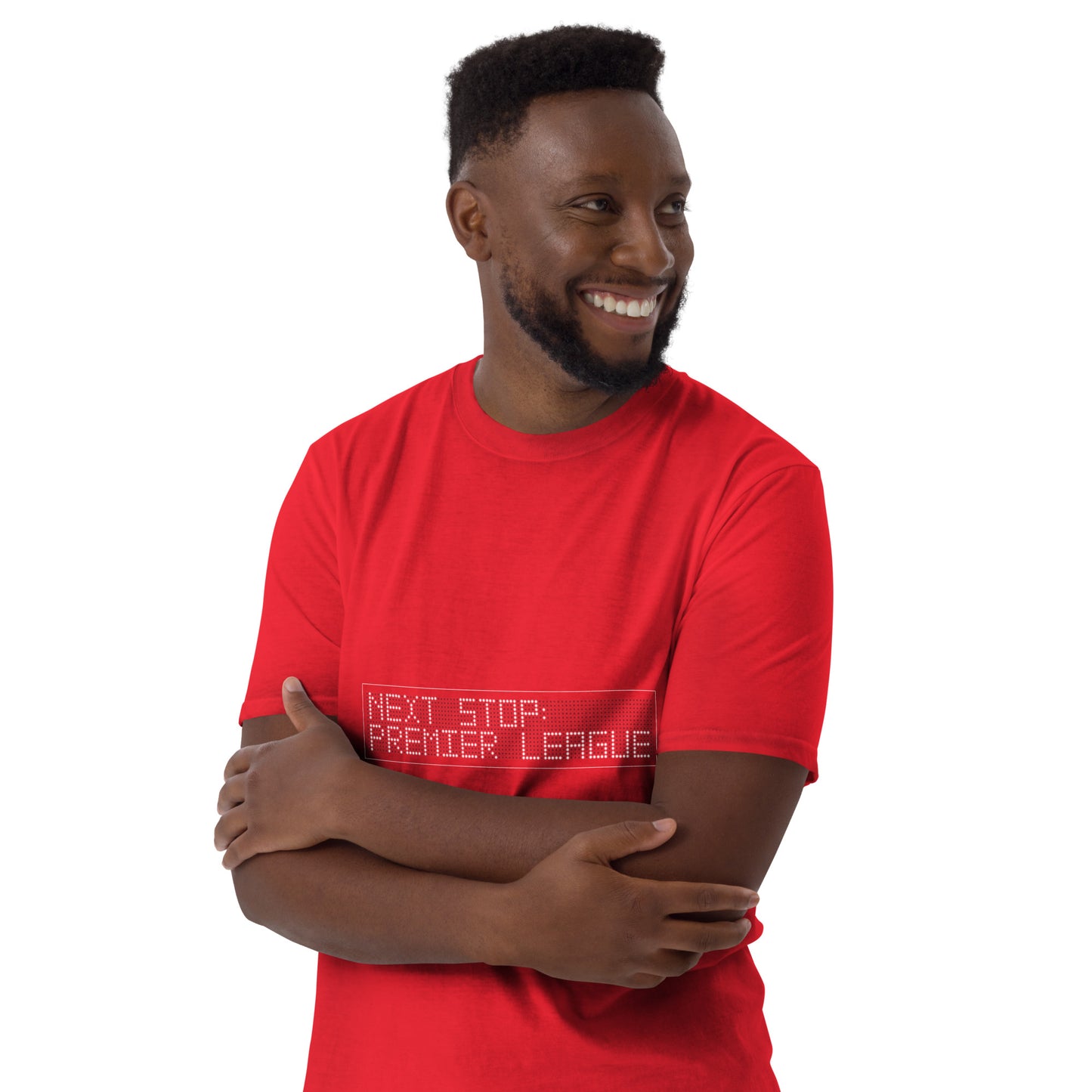 Man wearing a red short sleeve t-shirt with the phrase next stop : Premier League on a white background