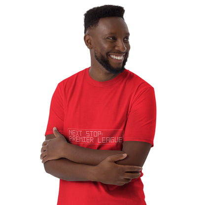 Man wearing a red short sleeve t-shirt with the phrase next stop : Premier League on a white background
