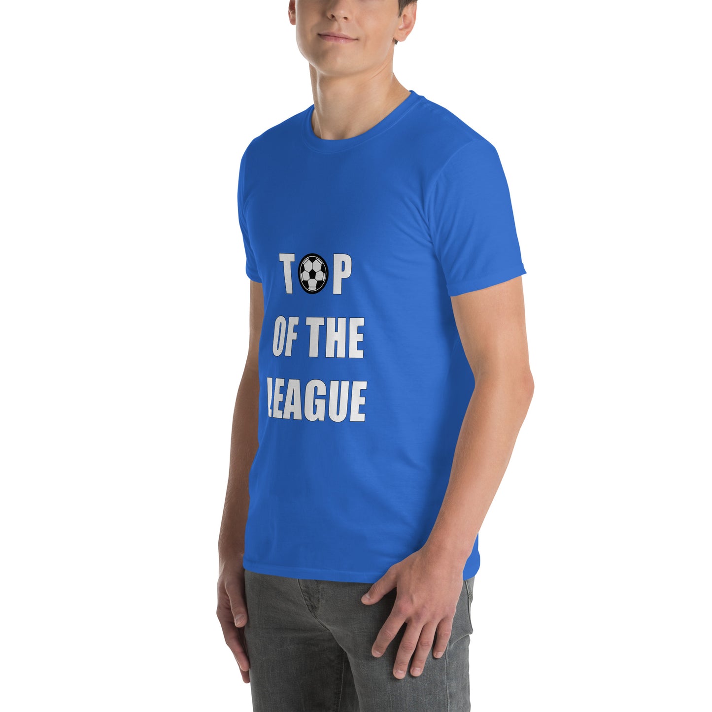 Person wearing a royal blue  short sleeve T-Shirt with around neck and a 'Top of the League' text and football graphic.