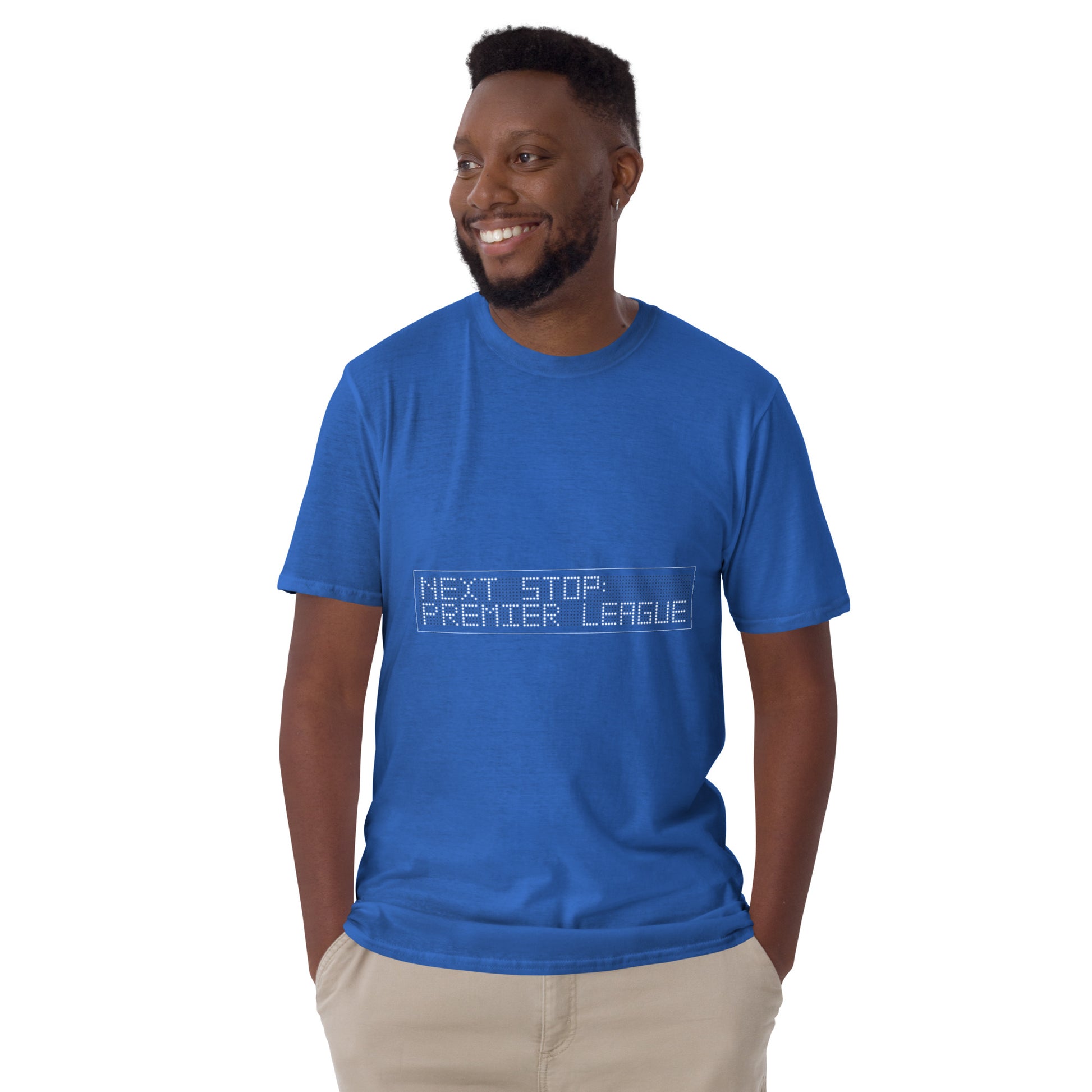 Man wearing a royal blue t-shirt with text saying next stop Premier league on a white background