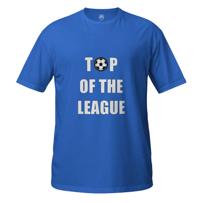 Royal Blue T-shirt Short Sleeve, Round neck saying top of the league with a football graphic on a white background