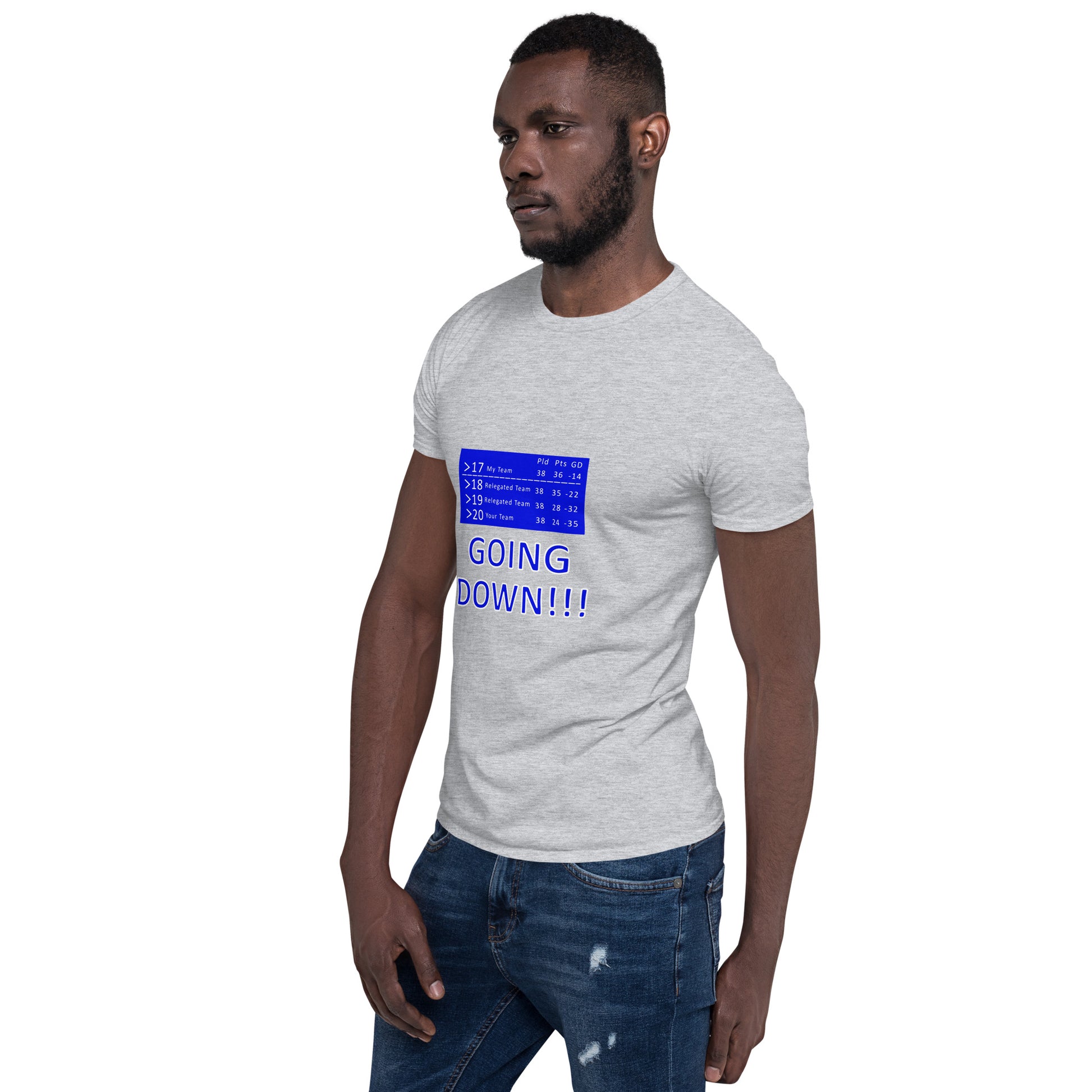 Man wearing a sports grey t-shirt with a blue graphic of a league  and text saying going down t on a white background 