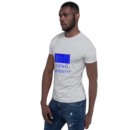 Man wearing a sports grey t-shirt with a blue graphic of a league  and text saying going down t on a white background 