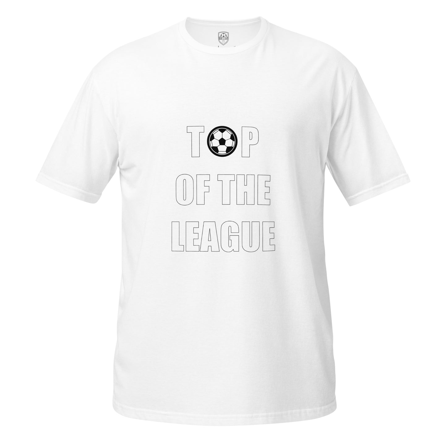 White T-Shirt Short sleeve, round neck with the print saying Top of the league with a football graphic