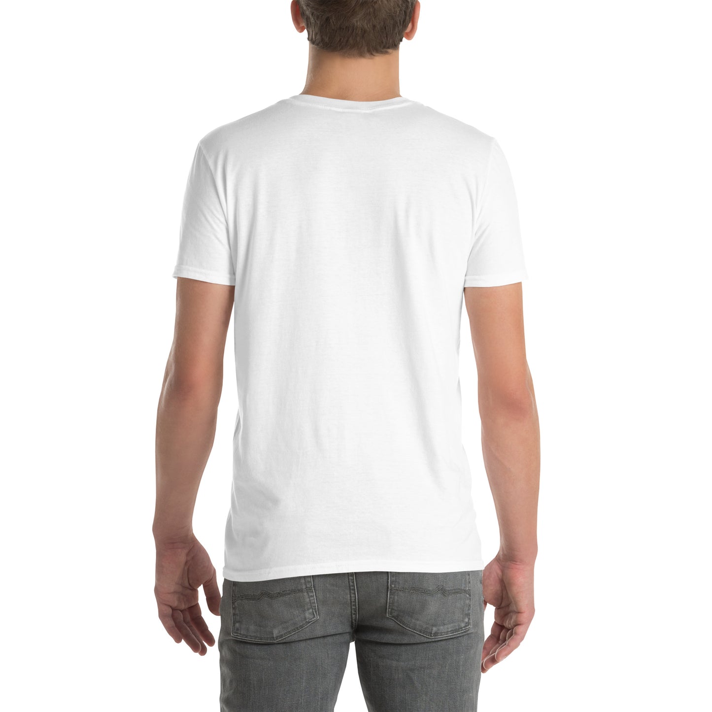 Person wearing a plain white t-shirt on a white background with a logo saying top of the league with a football graphic
