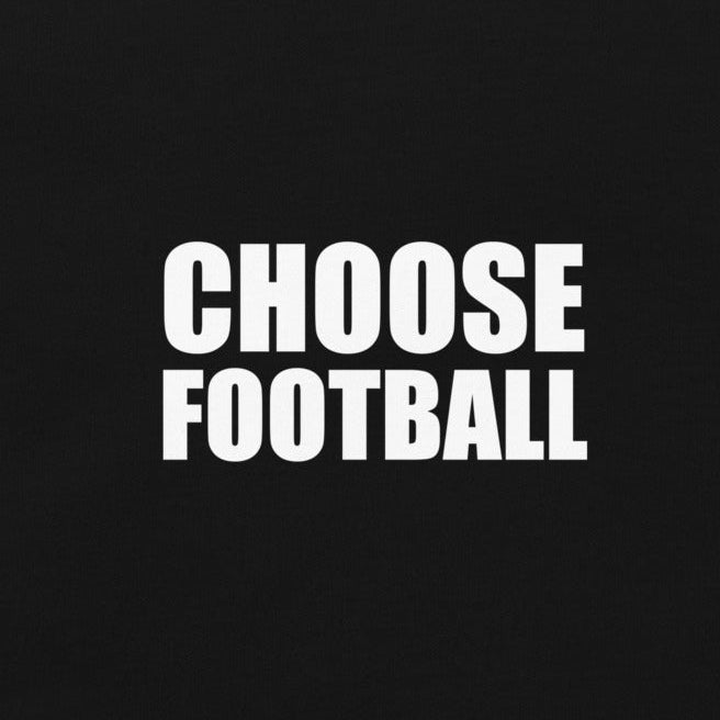 Close-up of the white Choose Football slogan on a black t-shirt