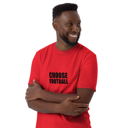 Man with arms crossed wearing the red Choose Football t-shirt with black slogan