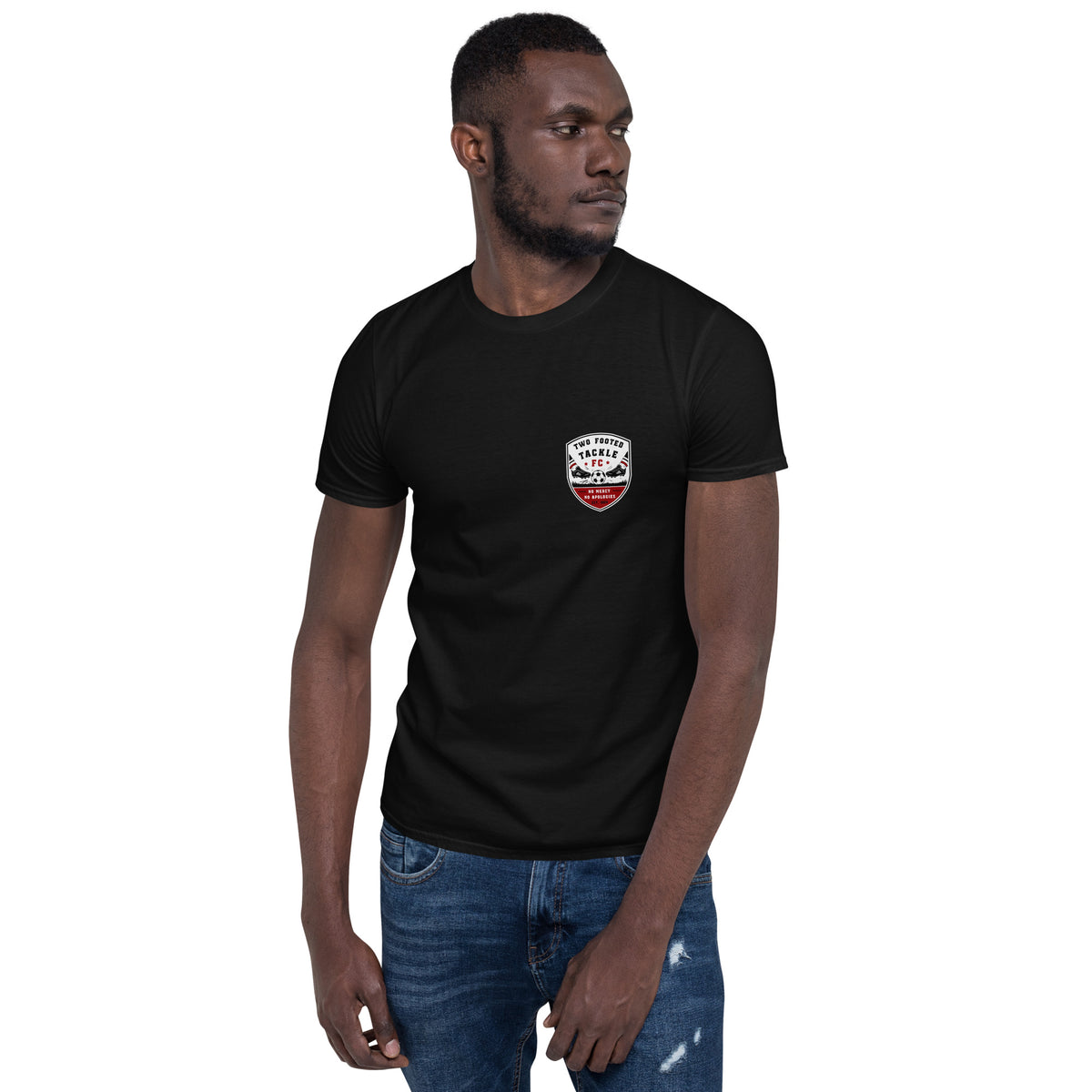 Two Footed Tackle FC t-shirt in black, alternative front view