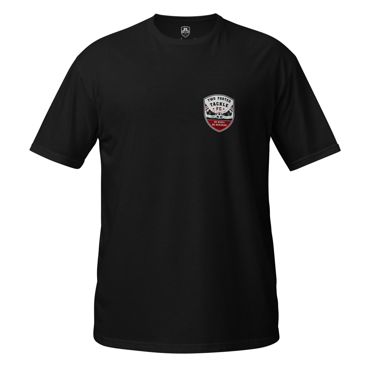 Two Footed Tackle FC t-shirt in black, alternative front view