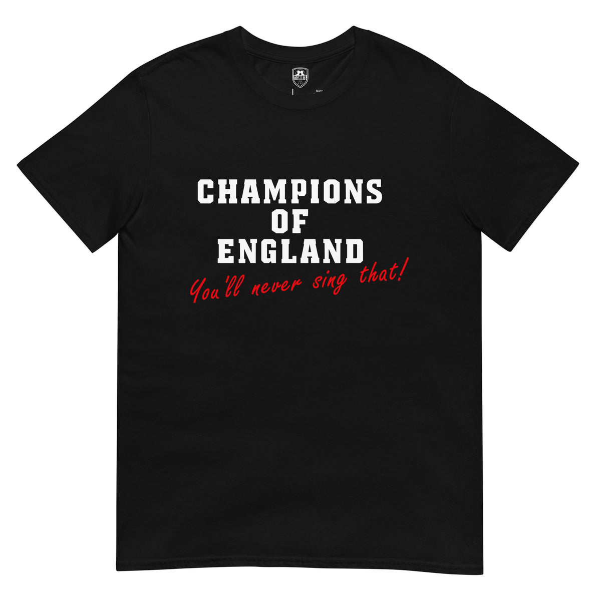 Champions of England t-shirt in black, front view
