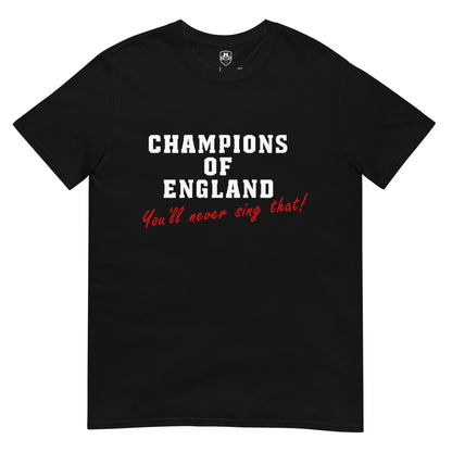 Champions of England t-shirt in black, front view