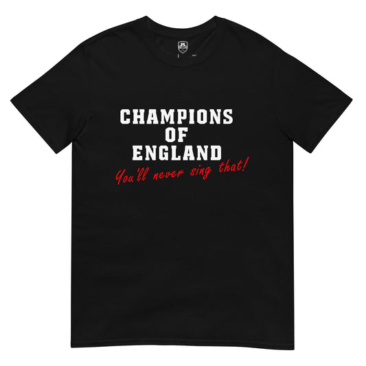 Champions of England t-shirt in black, front view