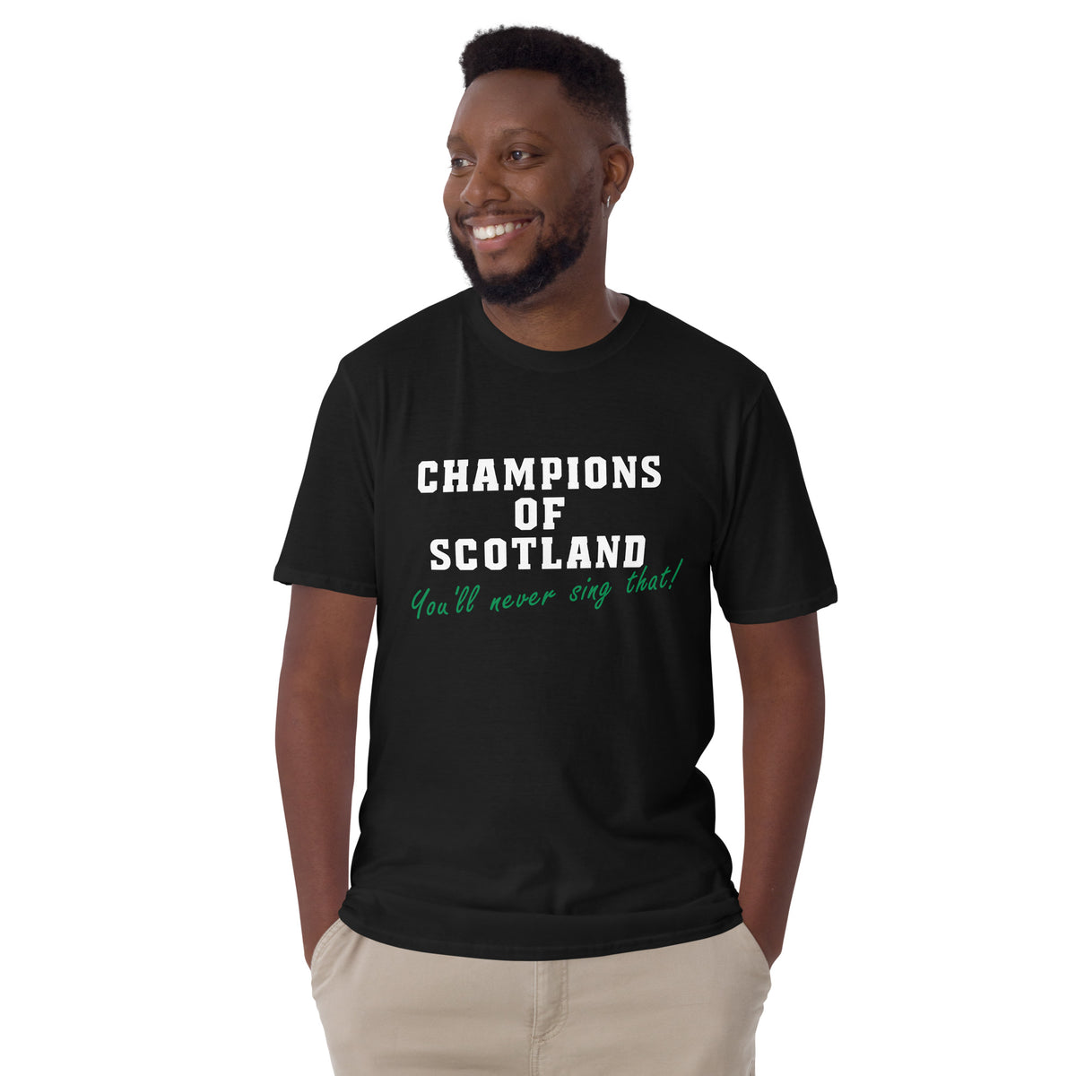 Champions of Scotland t-shirt in black, alternative front view