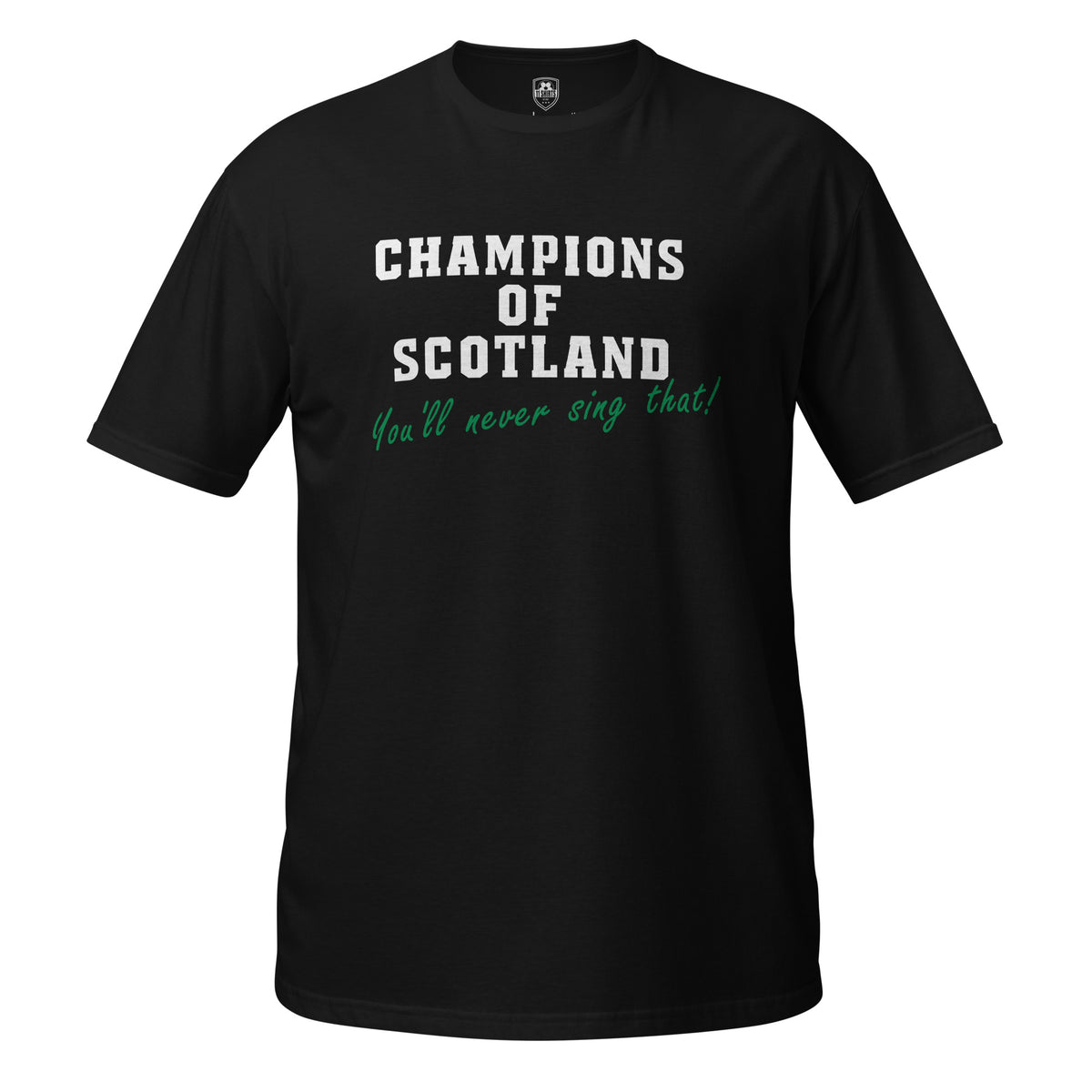 Champions of Scotland t-shirt in black, alternative front view