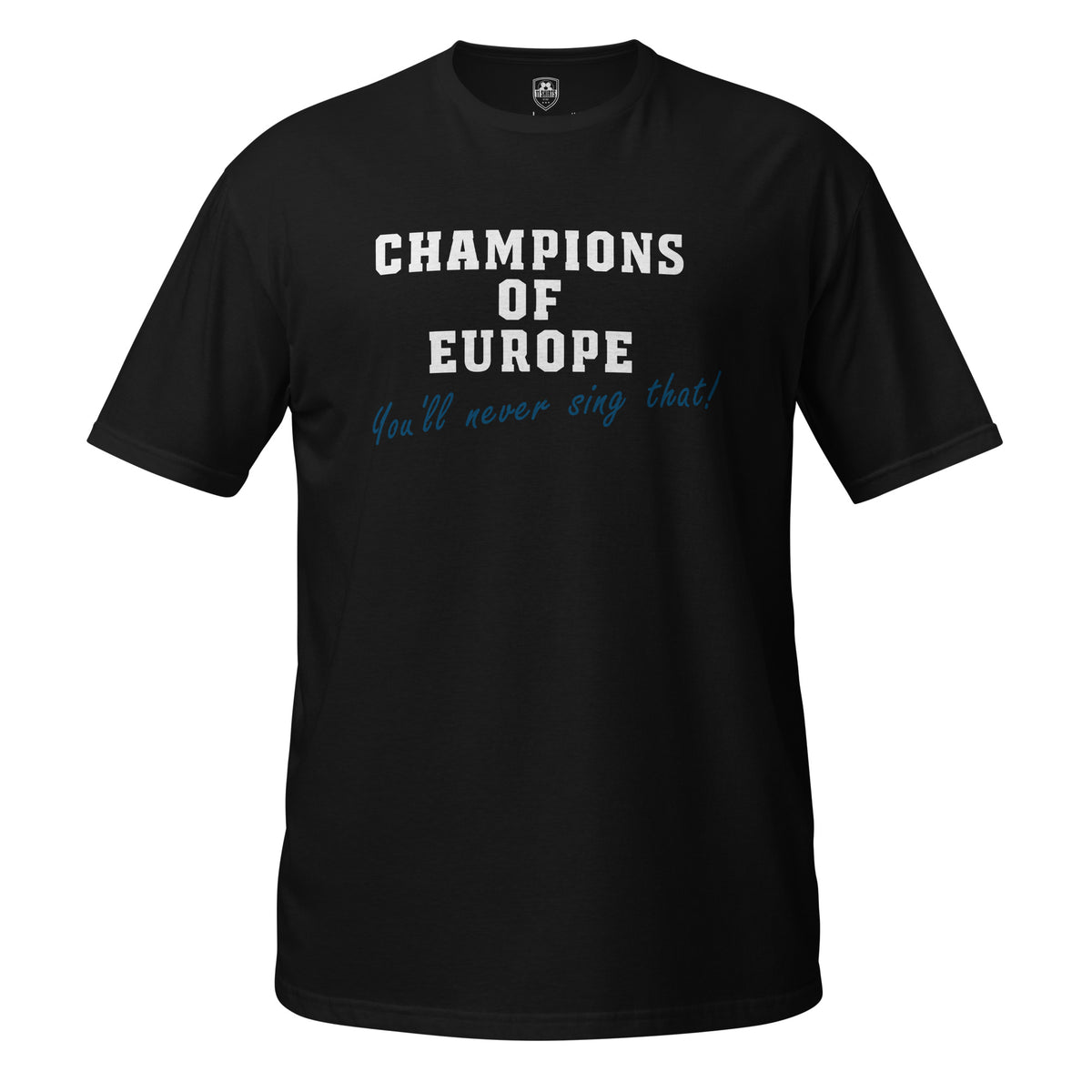Champions of Europe t-shirt in black, alternative front view