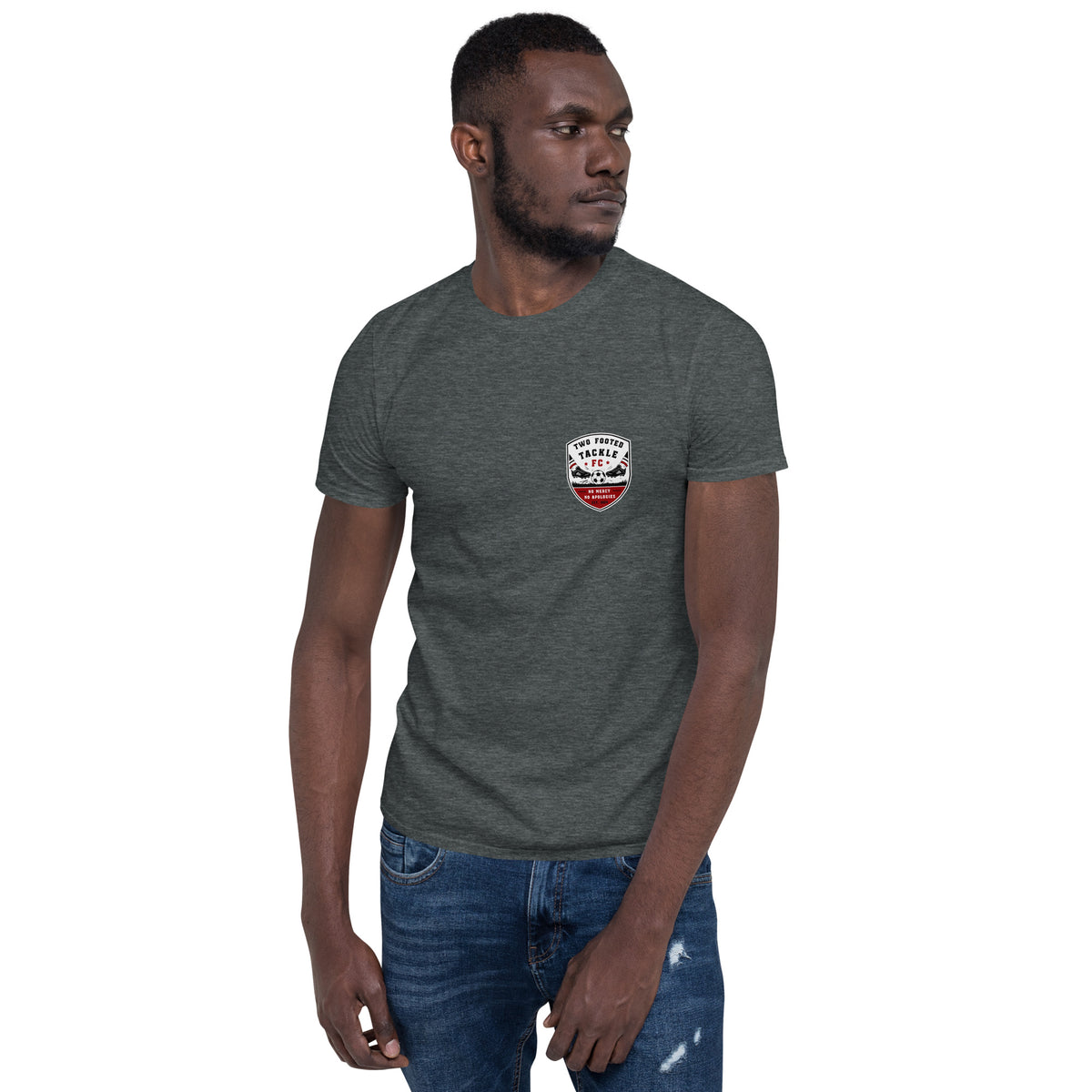 Two Footed Tackle FC t-shirt in dark heather grey, alternative front view