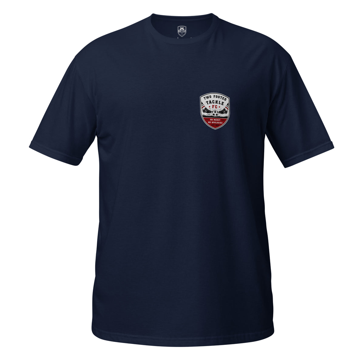 Two Footed Tackle FC t-shirt in navy, alternative front view